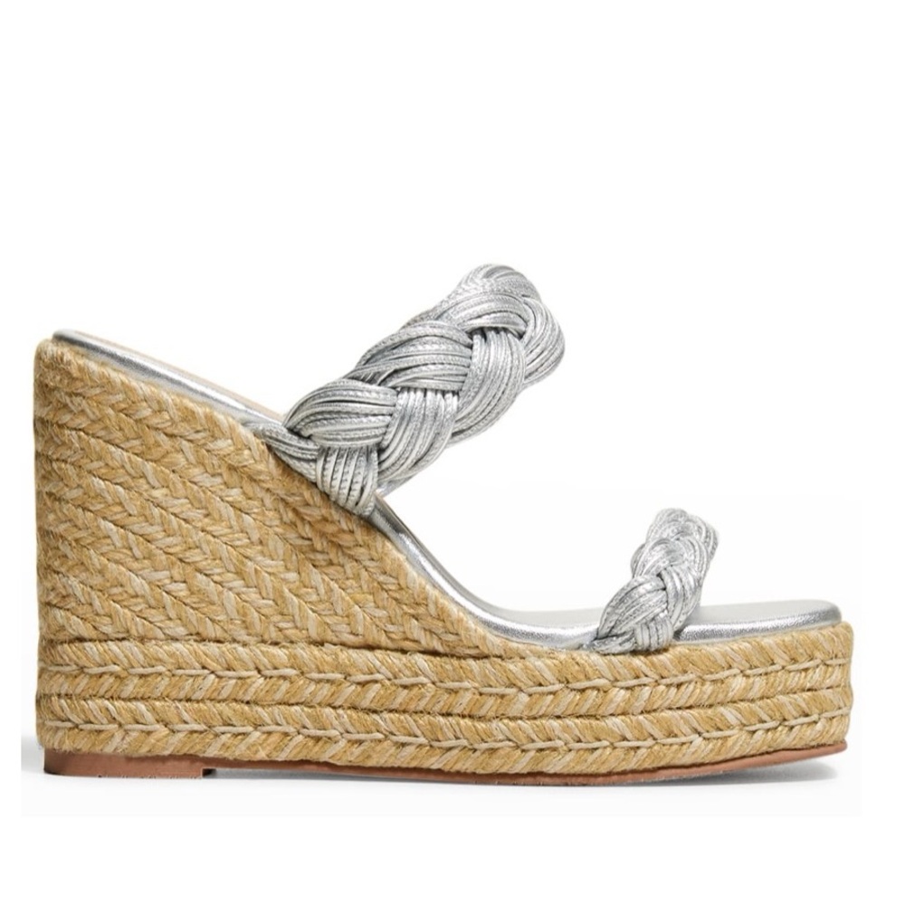 STUART WEITZMAN BRAIDA ESPADRILLE SLIDE SANDALS LIQUID METALLIC SILVER NIB 7.5